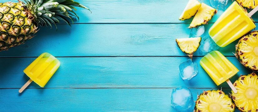 Refreshing pineapple popsicles on a blue wooden table. - Powered by Adobe
