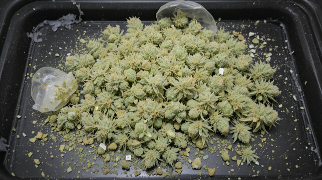 Crystals of kief leftover on black trim tray backdrop after medical marijuana/cannabis harvest