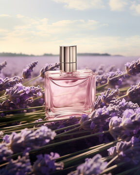 Elegant Perfume Glass Bottle on Bundles of Lavender In French Lavender Fields. Floral Fragrance. Soft Bokeh Background. Product Mockup.