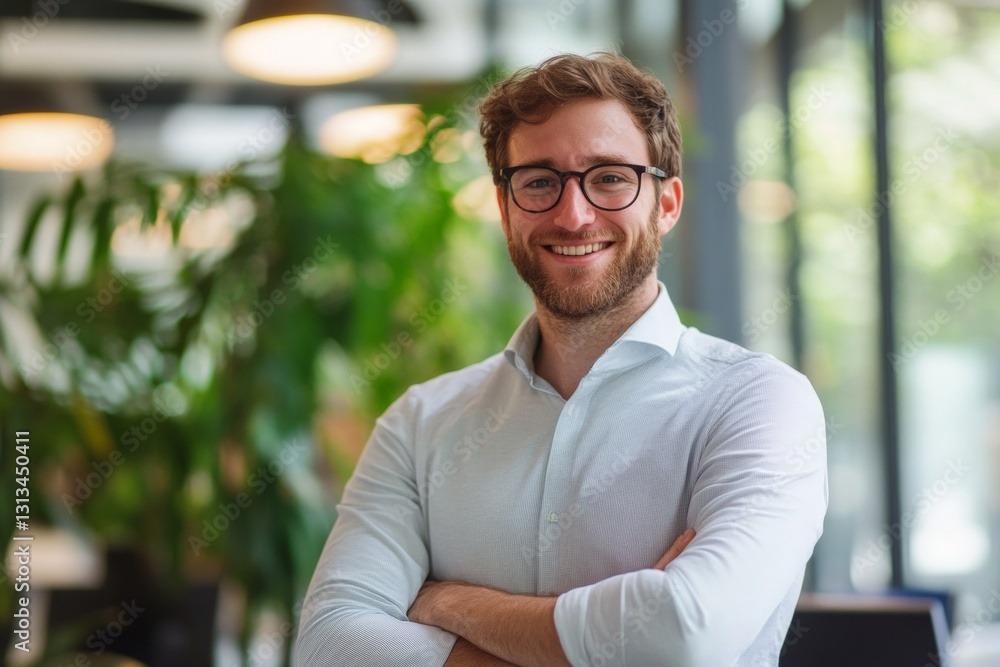 Poster a man with glasses and a beard is smiling and posing for a picture
