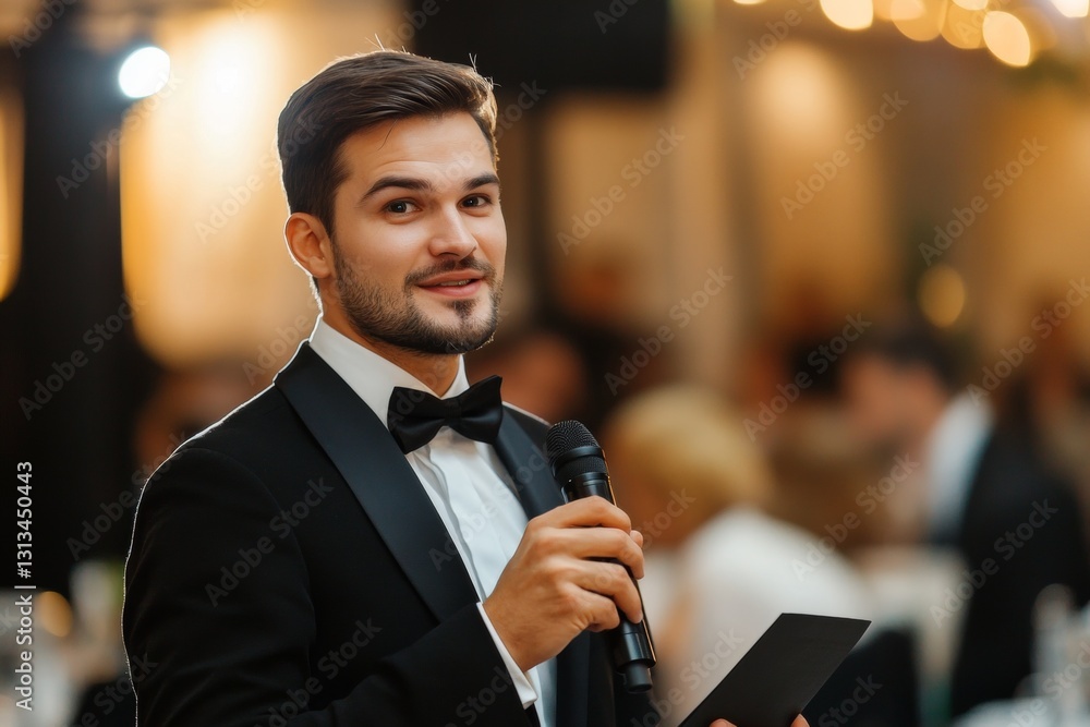 Poster a man in a tuxedo is holding a microphone and smiling