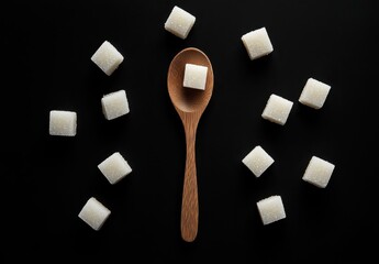 Elegant Arrangement of Sugar Cubes with a Wooden Spoon on a Dark Surface Perfect for Culinary Themes and Recipe Illustrations