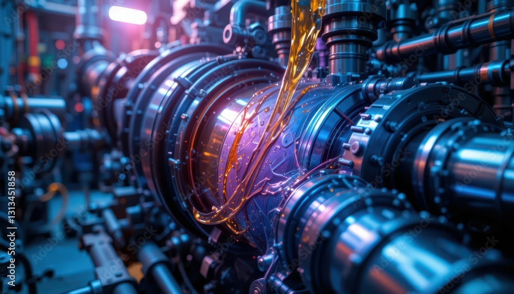 Poster intricate machinery with fluid dynamics in high-tech environment