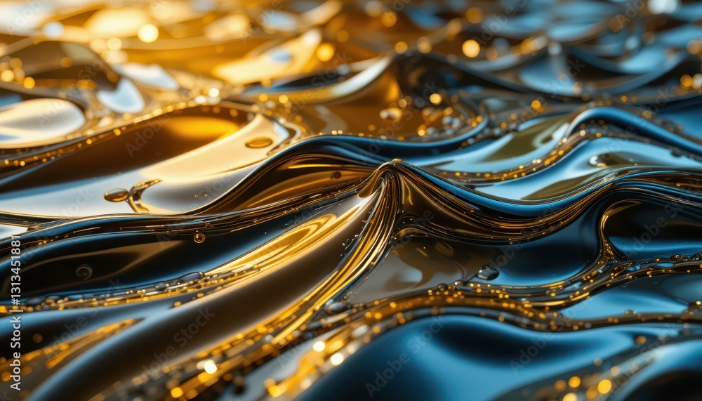 Poster abstract waves with golden reflection and bubbles in fluid motion
