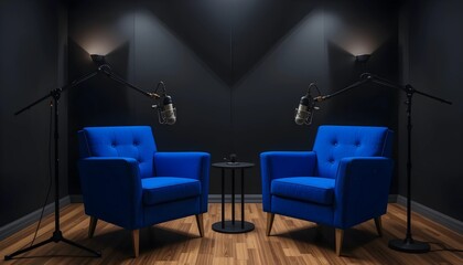 Podcast studio setup with two blue armchairs and professional microphones in a dark room with spotlights. Concept of interview, broadcasting, and media production.