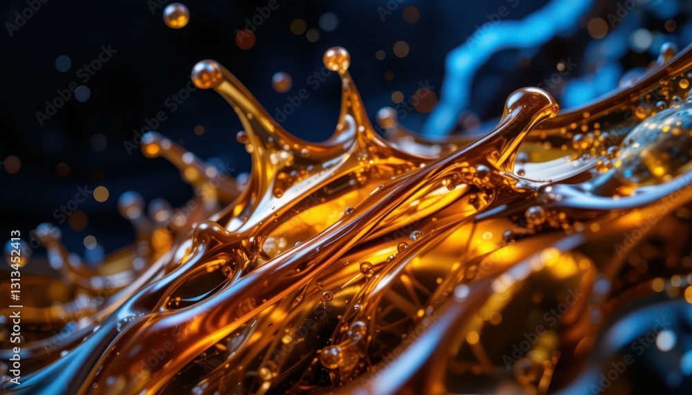 Poster close-up view of fluid dynamics with orange liquid splashes
