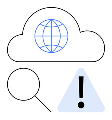 World globe inside a cloud, magnifying glass, and alert sign highlight cybersecurity, exploration, and risk management. Ideal for technology, internet, safety, research data protection analysis