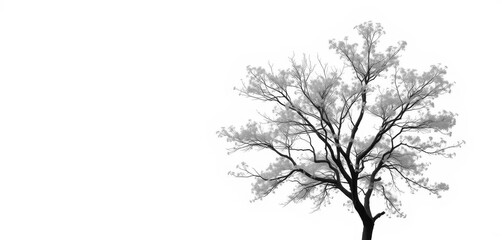 Lone deciduous tree, branches reaching skyward, stark white backdrop, landscape, nature