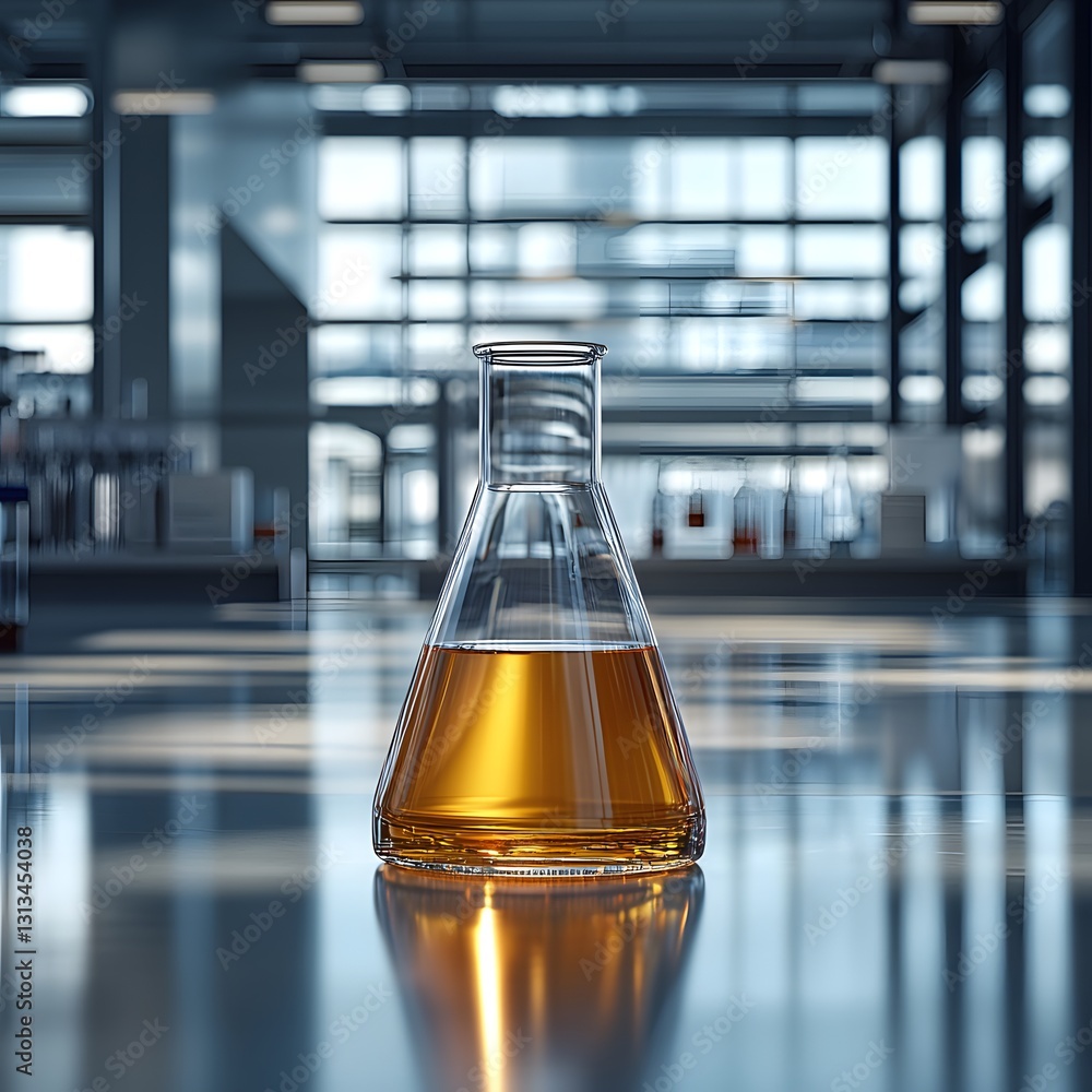 Poster a scientific flask placed on a table representing lab analysis and research in a realistic and profe