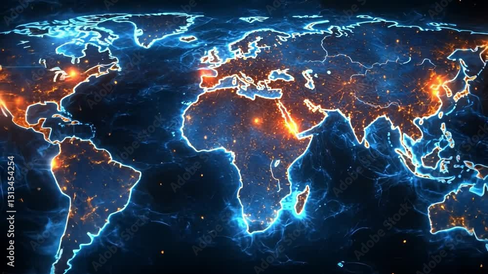 Poster global network: a vibrant, glowing map of the world, illustrating interconnectedness and the flow of