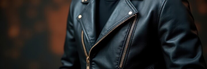 Refined black leather motorcycle jacket, zipper detail , apparel, retro, style
