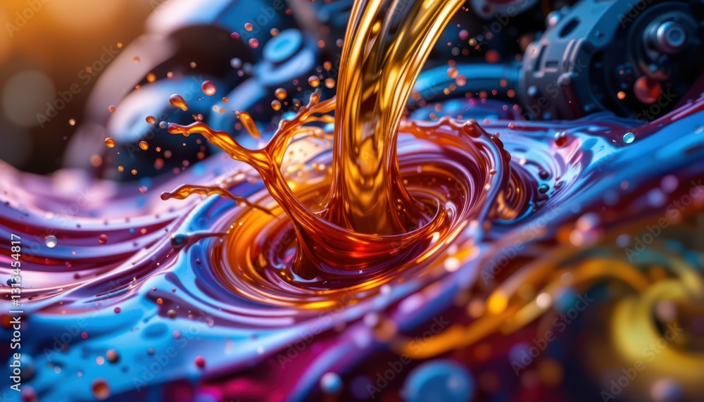 Poster vivid flow of colorful liquid with splashes and swirls in motion