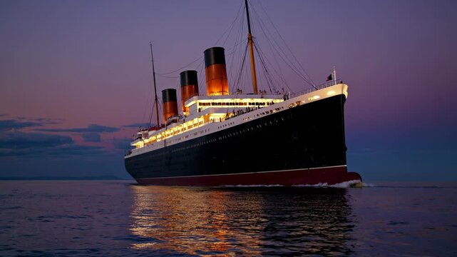 A majestic ship sails toward the horizon at sunset, captured from a low-angle, cinematic style, evoking a timeless journey in the video.