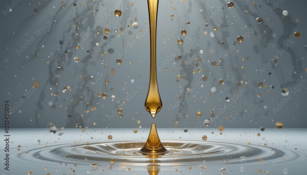 Poster golden liquid drop splashing in a calm water surface with bokeh effects