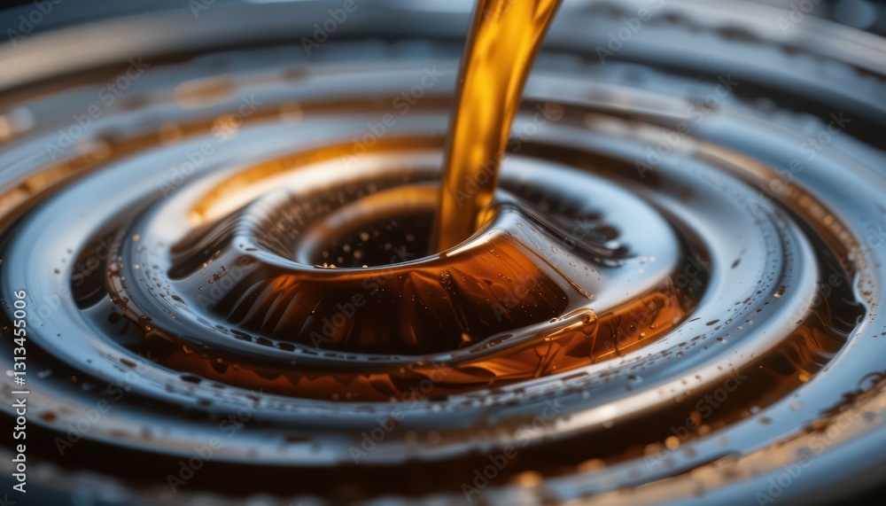 Poster close-up view of liquid pouring into circular pattern in brown color