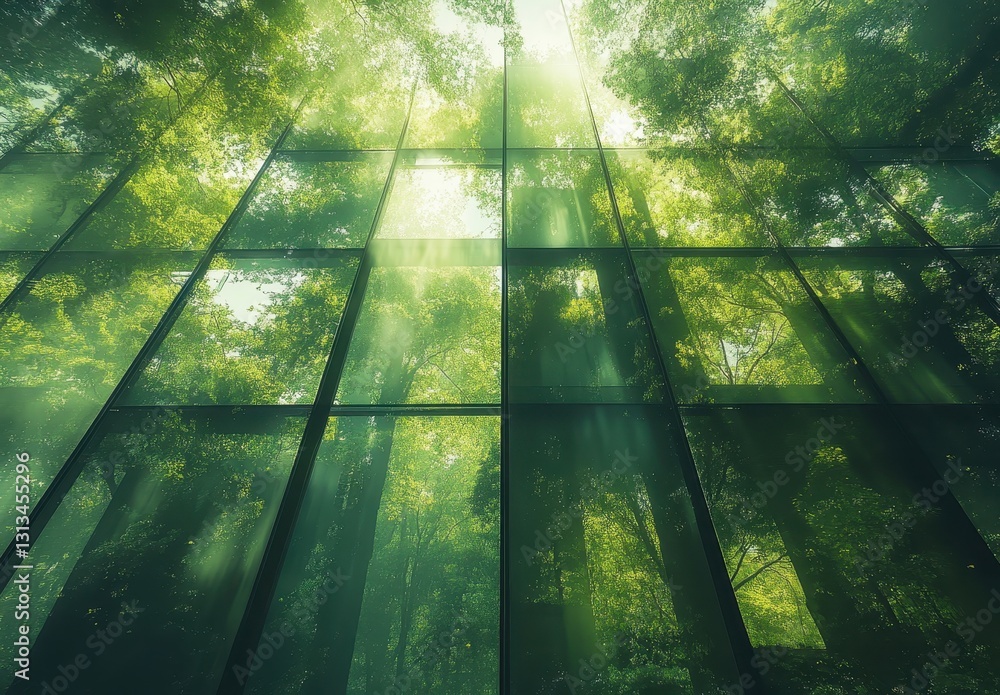 Poster Ethereal Light Streaming Through Glass Facade Surrounded by Lush Green Forest Growth and Trees Creating a Harmonious Blend of Nature and Architecture