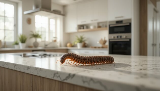 Colorful millipede crawling on a kitchen countertop in bright home
