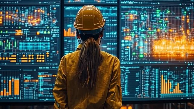 Vision of Innovation: A woman in a hard hat observes complex data visualization, symbolizing technology, industry, and progress. Capturing the essence of modern technological advancements.
