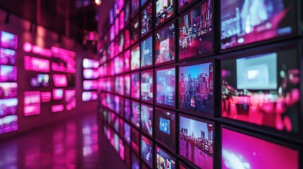 Fototapeta premium A hot pink stack of multimedia screens, glowing with vibrant energy and modern aesthetics. 