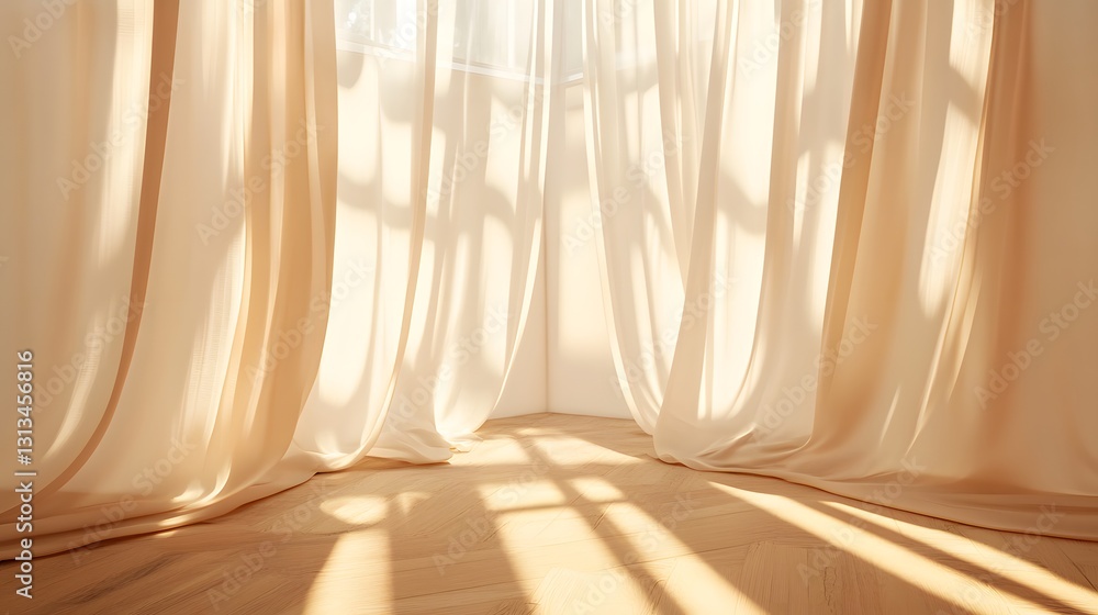 Poster sunlight illuminates translucent curtains in a minimalistic room setting