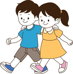 children walking with arms around their shoulders. minimal line art vector illustration.
