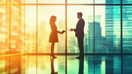 Fototapeta premium Silhouetted business professionals exchanging ideas in a modern office with city skyline backdrop (1)
