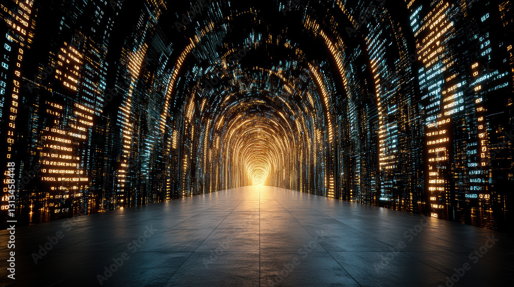 Poster futuristic tunnel with glowing data streams and bright light at end