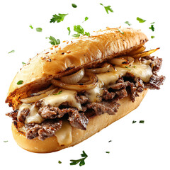 A Mouthwatering Philly Cheesesteak Sandwich with Grill Isolated on Transparent Background