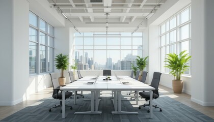 Modern Bright Conference Room with Cityscape View and Plants