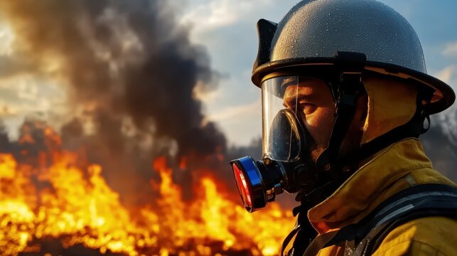 Firefighter bravery alarm concept. A firefighter in protective gear stands against a backdrop of flames and smoke, ready to combat a wildfire.