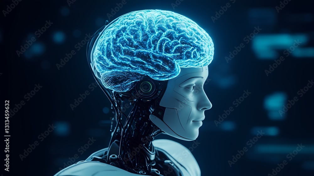 Poster exploring artificial intelligence human-like robot brain futuristic lab digital art sci-fi environme