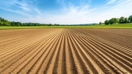 vast empty farmland with deep furrows in soil under clear sky
