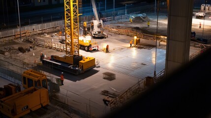 Fototapeta premium Night Construction Site with Heavy Machinery and Workers Operating
