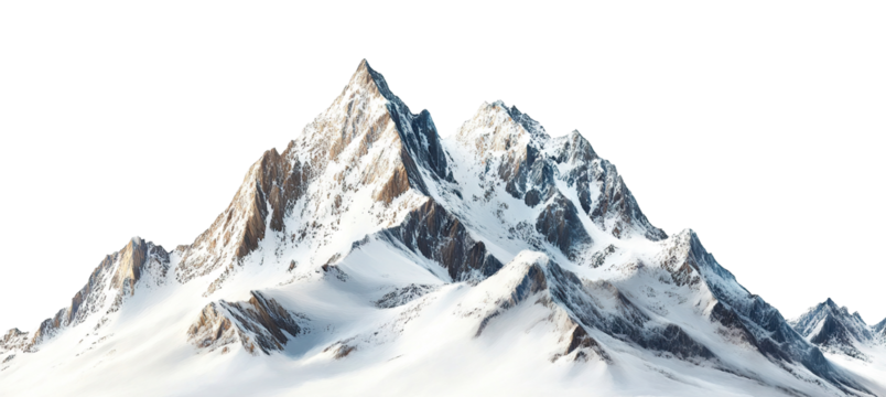 Snow-covered mountain peaks, isolated on transparent cutout background