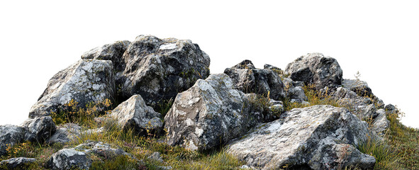 Realistic rocky terrain with natural vegetation, isolated on a transparent cutout background
