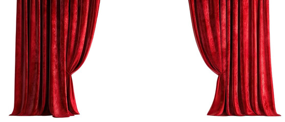 Elegant red curtains drawn to the sides, isolated on transparent cutout background