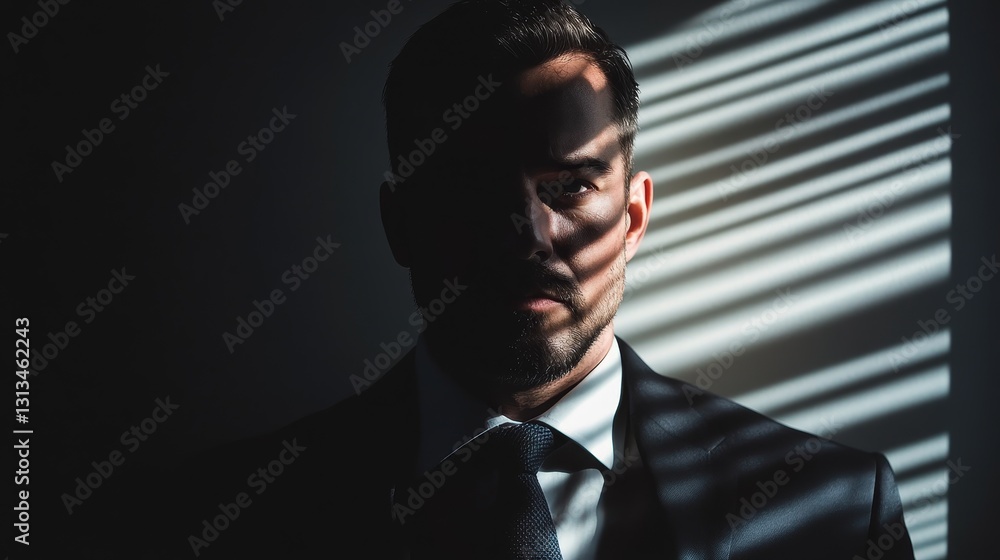 Poster a man in a suit is standing in front of a window