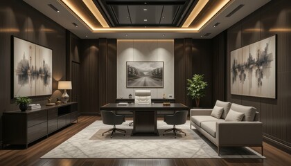 Elegant Modern Office Interior with Stylish Furniture and Artwork