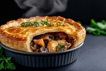 Delicious, freshly baked savory meat and mushroom pie with flaky pastry, steaming hot.