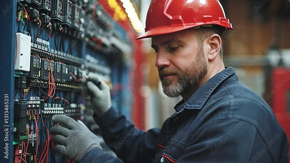Poster the engineer at work: a focused engineer in a red helmet meticulously inspects complex wiring within