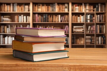 pile of old reading books on shelves in library