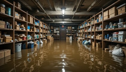 Fototapeta premium Flooded basement with shelves of storage boxes and water damage