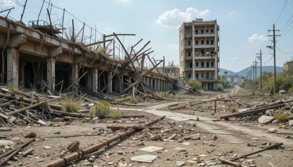 Abandoned Urban Landscape with Ruined Buildings and Overgrown Debris