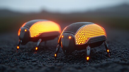 Fototapeta premium Futuristic Robot Beetles with Glowing Features on Dark Textured Ground