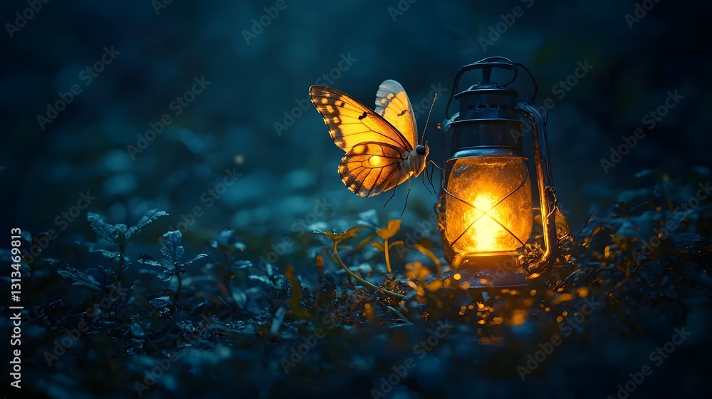 Poster glowing moth soaring towards lantern in enchanted darkened forest with soft golden light reflections