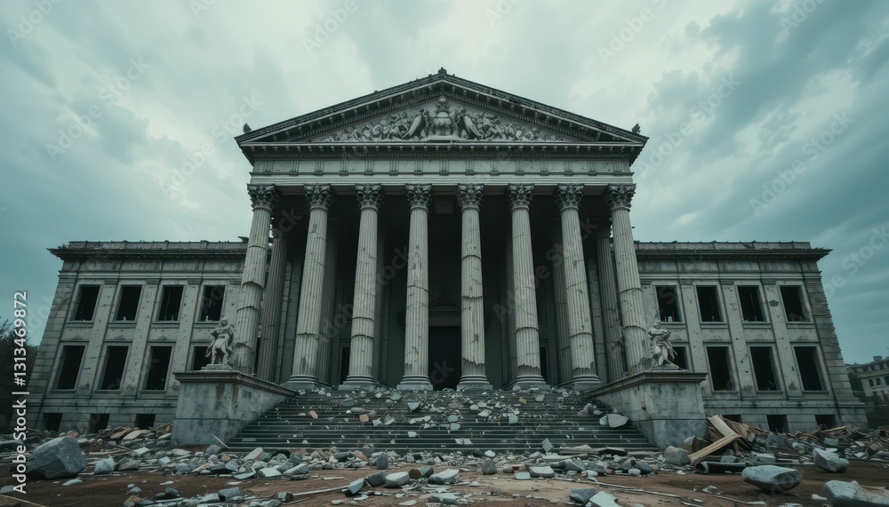 Poster ancient building with crumbling columns and debris under overcast sky