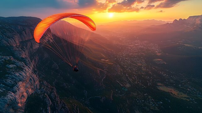 Glowing Paraglider Soaring Over Tranquil Valley in Golden Dusk Light