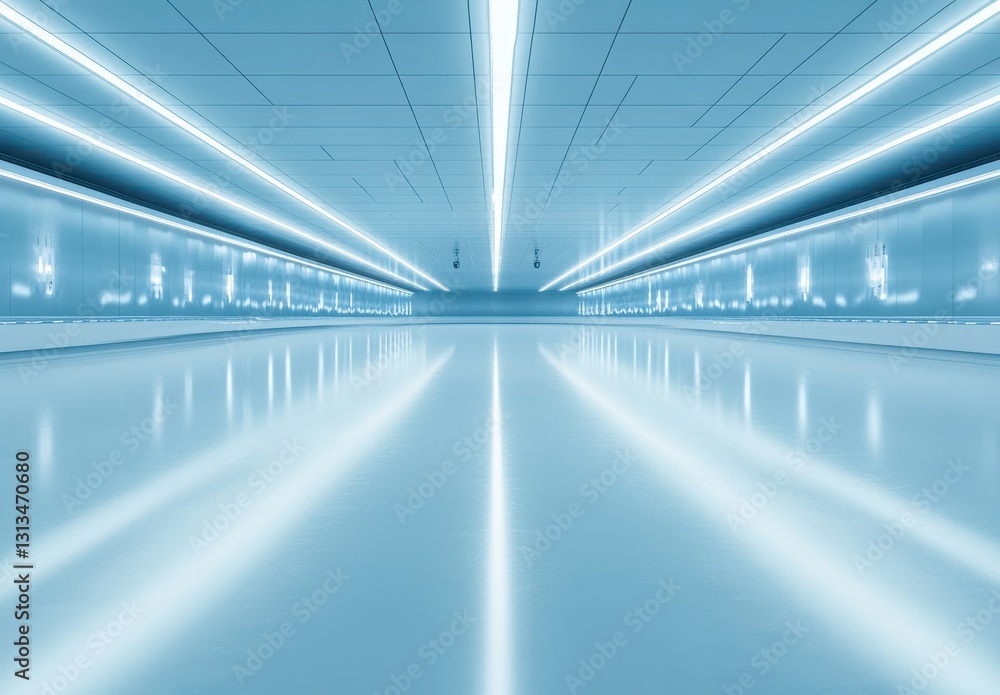 Poster futuristic empty corridor with neon lights reflecting on smooth floor in a modern architectural desi