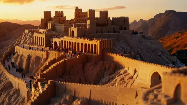 A detailed model of a fortress sits on cliffs, bathed in warm sunset light, with tiny figures exploring its architectural features.