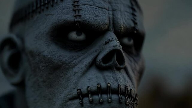 A grotesque creature with stitches across its face and a menacing expression, resembling a classic monster design.